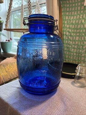 Vintage Cracker Barrel Cobalt Blue Glass Jar with Clamp Lid.4 quart capacity